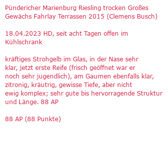 Verkostungsnotiz Pündericher Marienburg Riesling trocken Großes